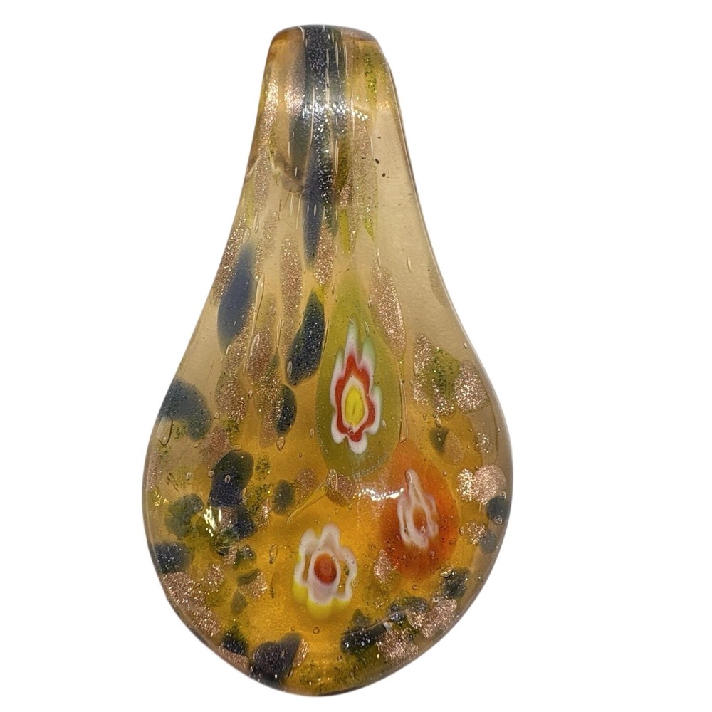 Murano Style Glass Pendant Millefiori Floral Teardrop Amber‎ Goldstone Swirl 2"
